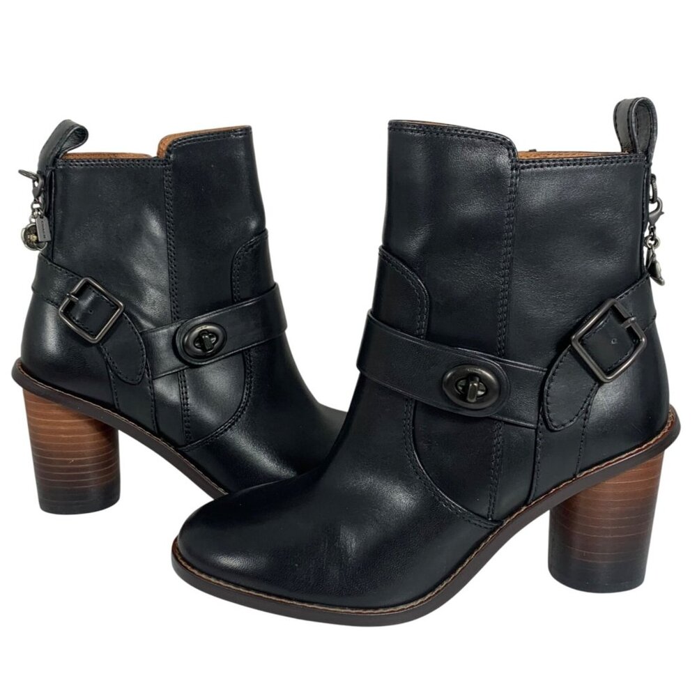 COACH Black Leather Moto Booties Turnlock Buckles Stacked Heels Womens 5B - NWOB